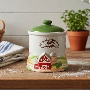 John Deere Ceramic Canister w/Lids Moline IL Farm Scene *